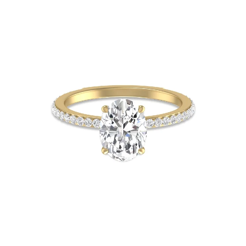 Stippled band ring-Marquee 14K Yellow Gold Hidden Halo Cleo Ring with IGI Certified 2.50 Carat Center Oval Shape Lab-Grown Diamond