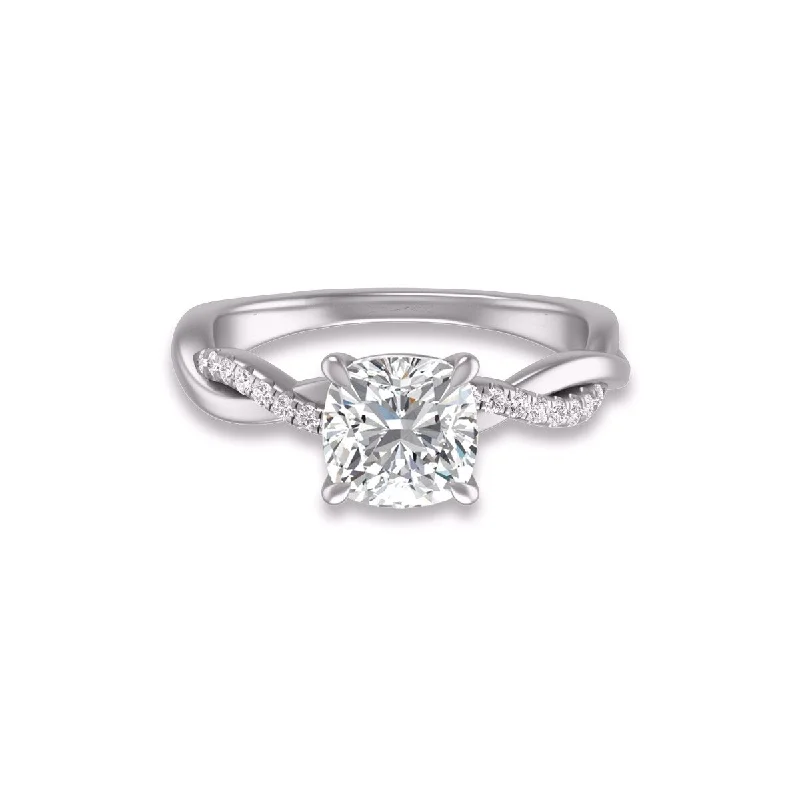 Stamped gem ring-Marquee Agatha Twisted Pave Ring with IGI Certified 2 Carat Lab-Grown Cushion Cut Diamond in 14K White Gold