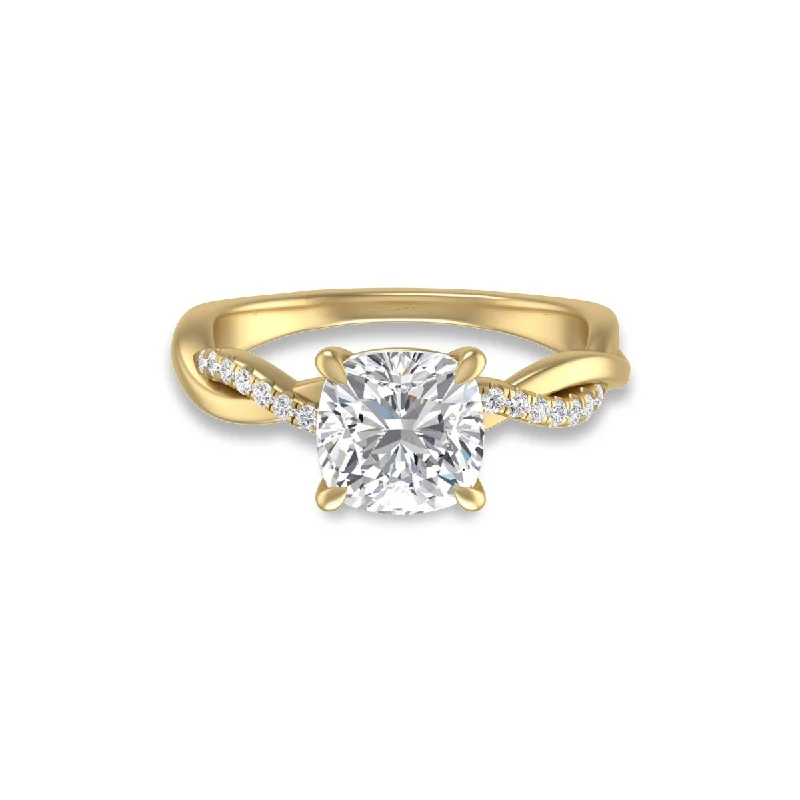 Luminous diamond ring-Marquee Agatha Twisted Pave Ring with IGI Certified 3 Carat Lab-Grown Cushion Cut Diamond in 14K Yellow Gold