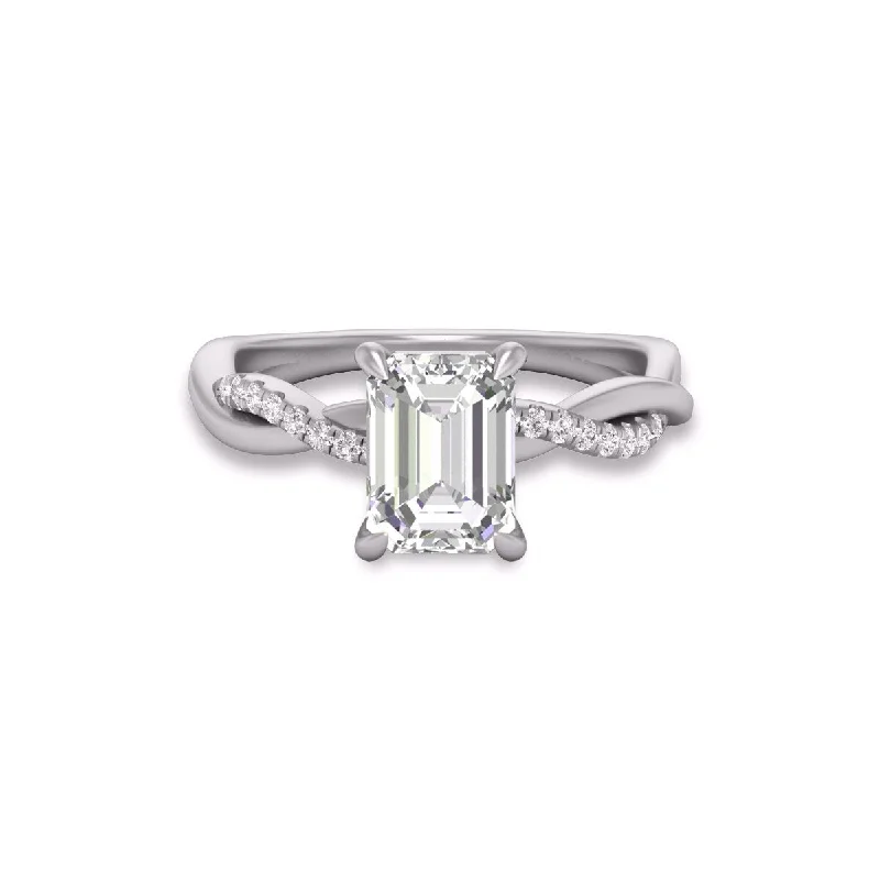 Radiant zircon ring-Marquee Agatha Twisted Pave Ring with IGI Certified 3 Carat Lab-Grown Emerald Cut Diamond in 14K White Gold