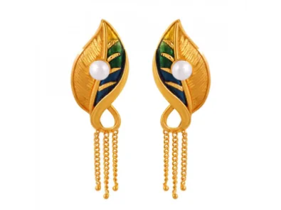 Wire-curve earrings-Meenakari Style 22k Leaf Shape Gold Earrings With A Drop Chain Detail