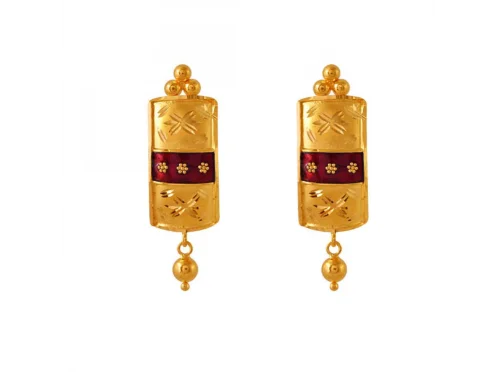 Stippled hoop earrings-Meenakari Style 22k Rectangle Shape Gold Earrings With A Spherical Detail