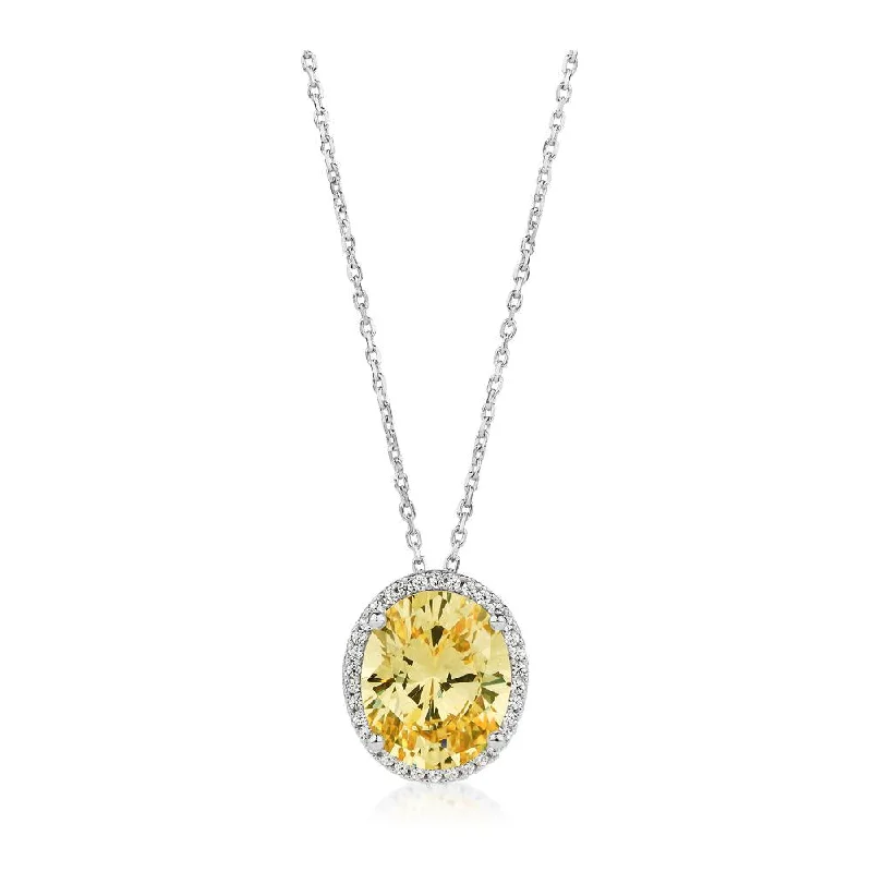 Hand-grooved necklace-Oval and Round Brilliant Halo necklace with 5.32 carats* of diamond simulants in sterling silver