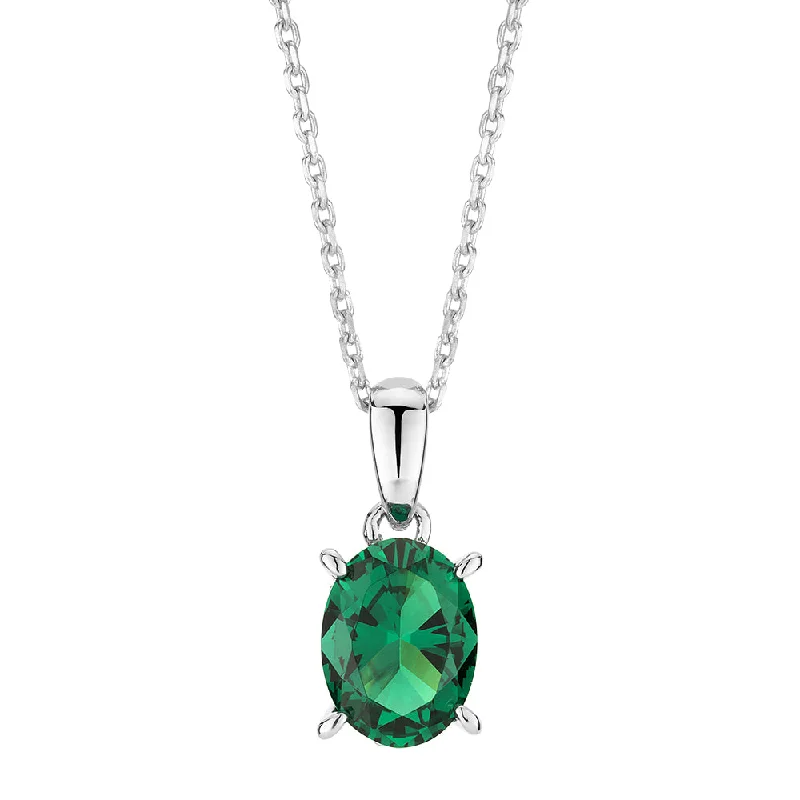 Etched chain necklace-Oval and Round Brilliant solitaire necklace with emerald and diamond simulants in sterling silver