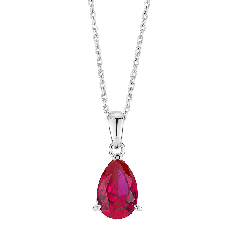 Shimmering platinum necklace-Pear and Round Brilliant solitaire necklace with ruby and diamond simulants in sterling silver