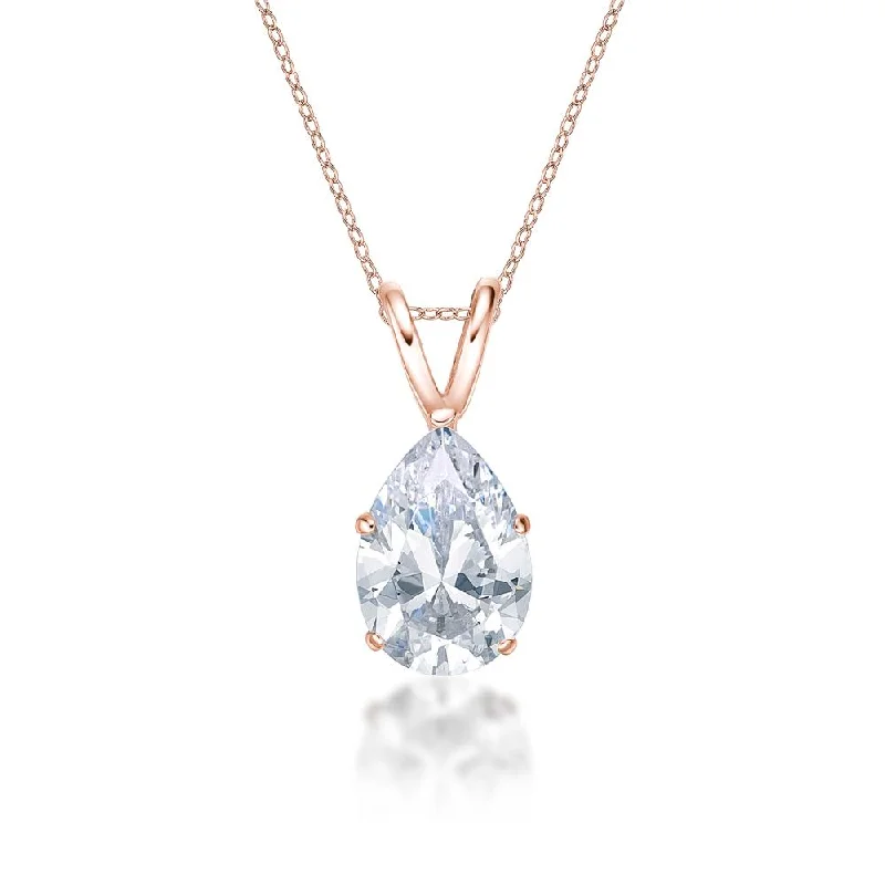 Clasped gem necklace-Pear solitaire pendant with 2 carat* diamond simulant in 10 carat rose gold