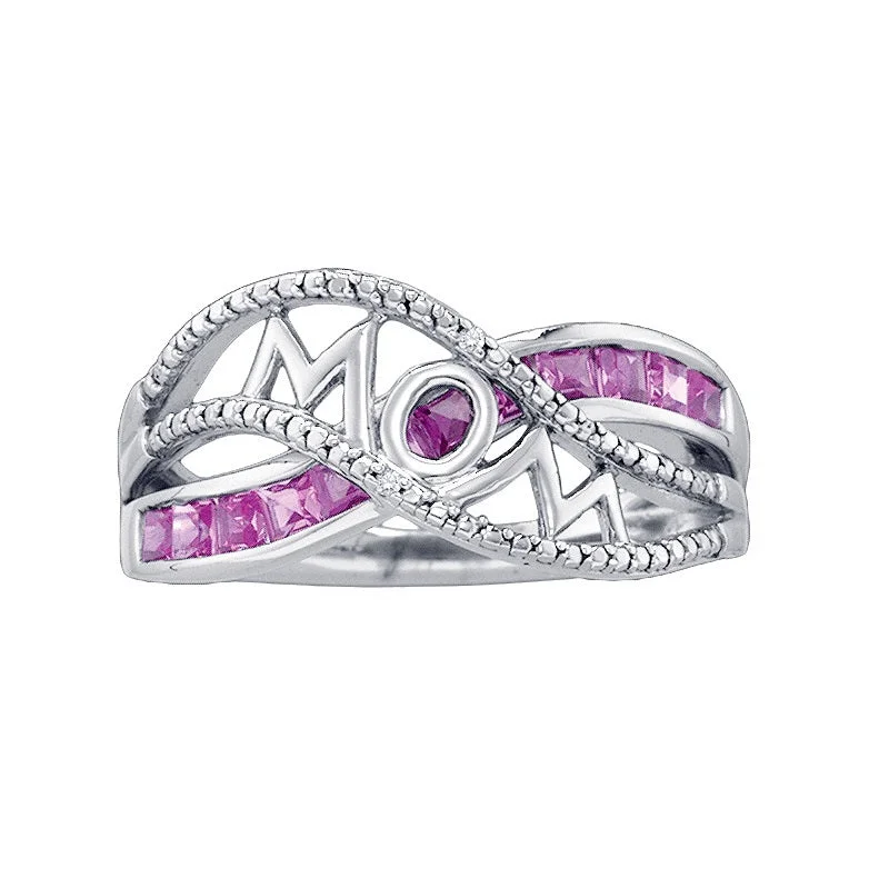 Raised-tier ring-Pink Sapphire and Diamond Mom Ring in Sterling Silver