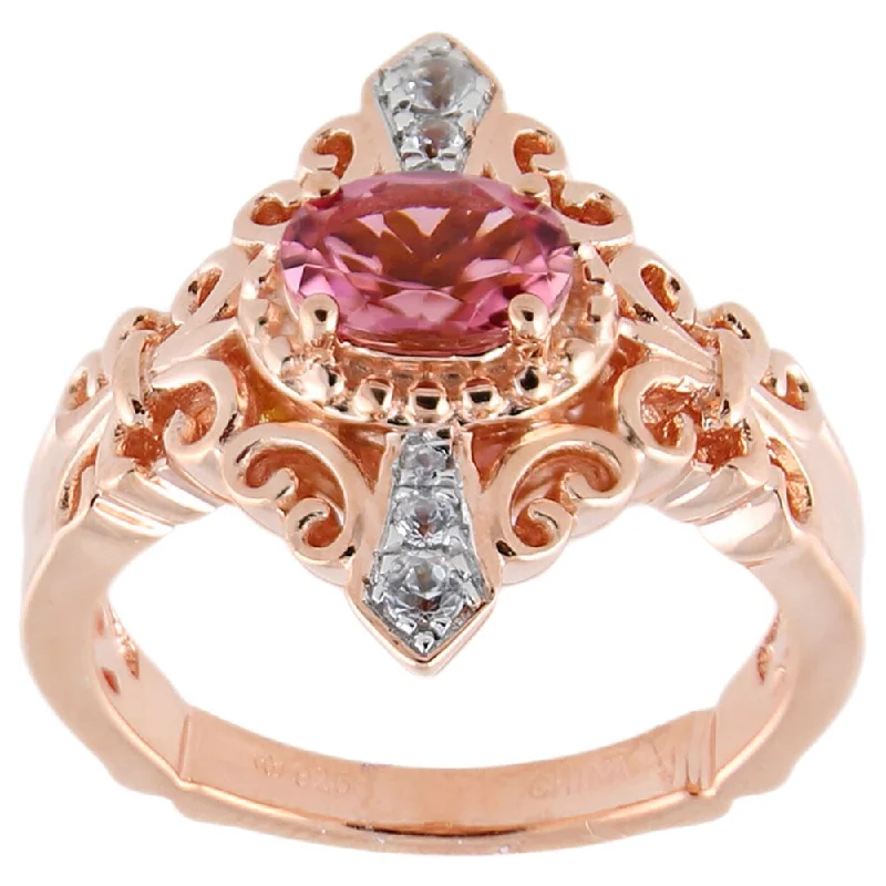 Radiant silver ring-Pink Tourmaline White Zircon Fleur-de-lis Scrollwork Ring