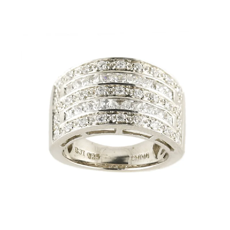 Dimpled ring-Platinum Over Silver White Cubic Zirconia Broad Band Ring