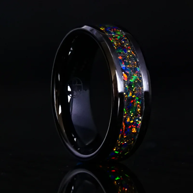 Knotted cord ring-Radiant Black Fire Opal Glowstone Ring on Black Ceramic