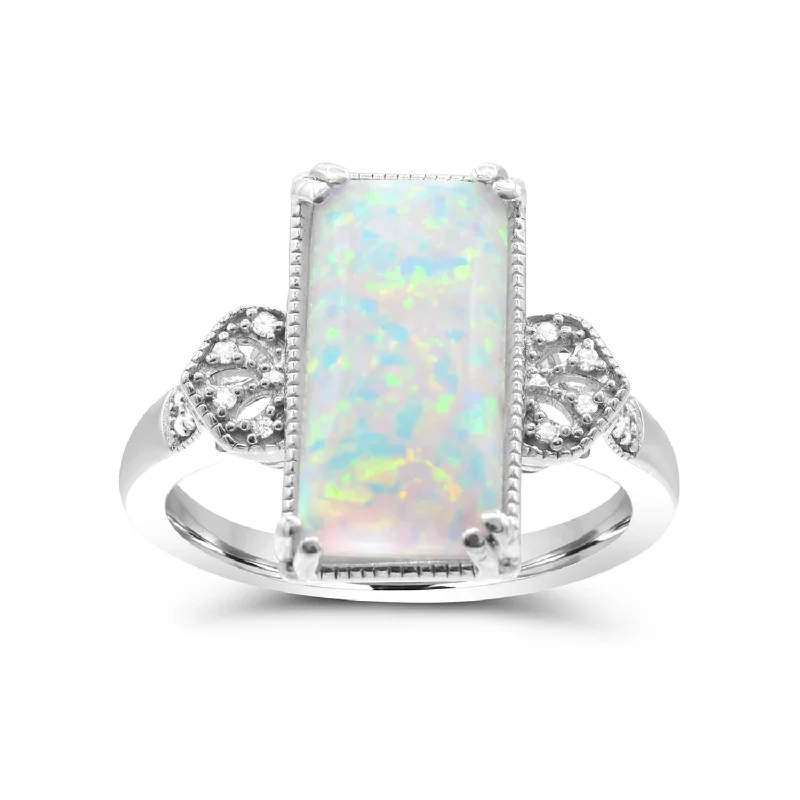 Icy topaz ring-Red Hot Deal 14X7MM Baguette Opal and Diamond Fashion Ring in Sterling Silver