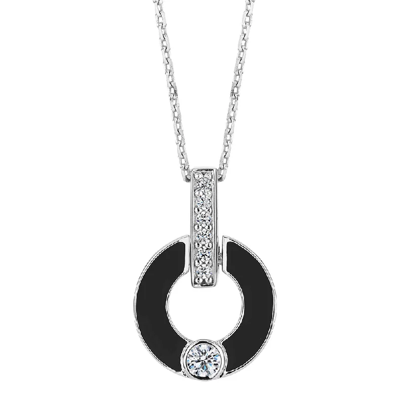 Four-stone necklace-Round Brilliant drop necklace with diamond simulants in black enamel and sterling silver