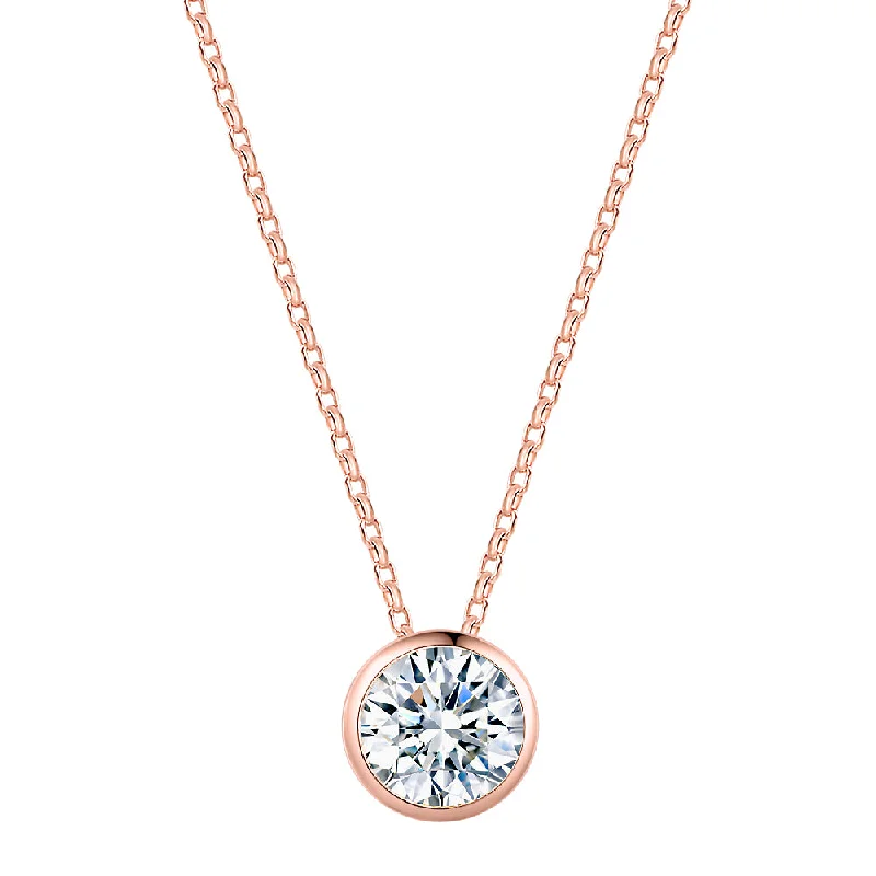 Dainty filigree necklace-Round Brilliant solitaire pendant with 1.03 carat* diamond simulant in 10 carat rose gold