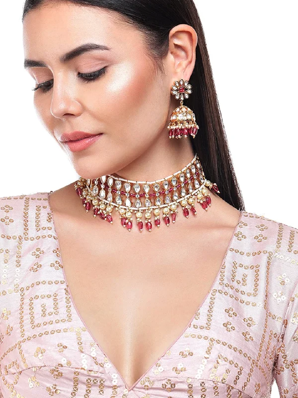 Glowing quartz necklace-Rubans Gold Plated Kundan Choker Set With Red Beads And Pearls