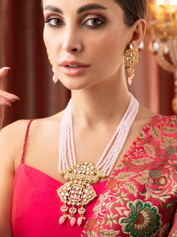 Looping wire necklace-Rubans Gold Plated Kundan Studded Necklace With Pastel Pink Beads.