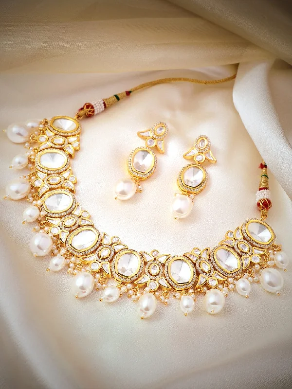 Natural garnet necklace-Rubans Gold Plated Polki Necklace Set with Pearl