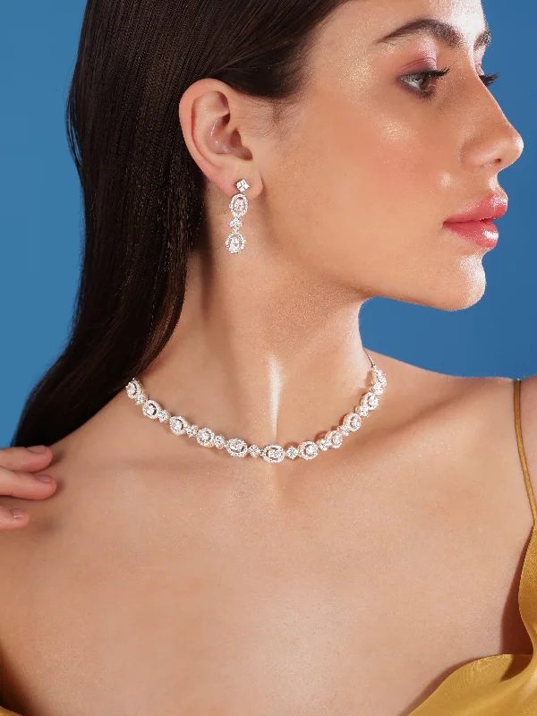 Clasped gem necklace-Rubans Rhodium Plated Zircon Studded Necklace Set