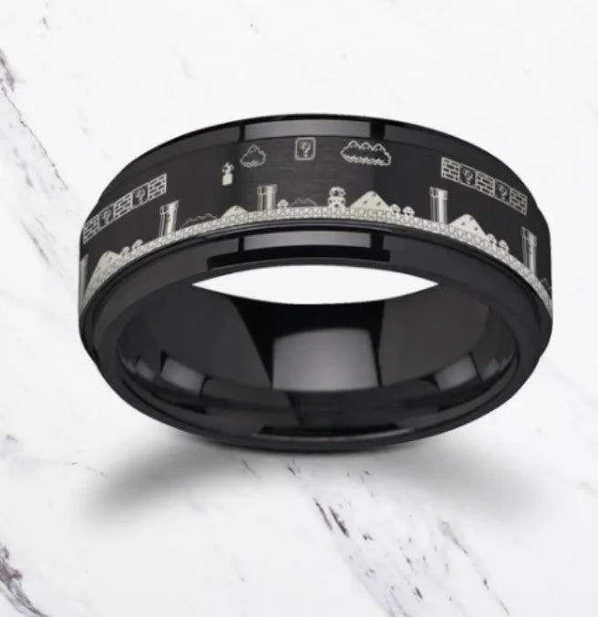 Shimmering platinum ring-Spinning Engraved Super Mario Bros Pixel Level Game Black Tungsten Carbide Ring- 8mm