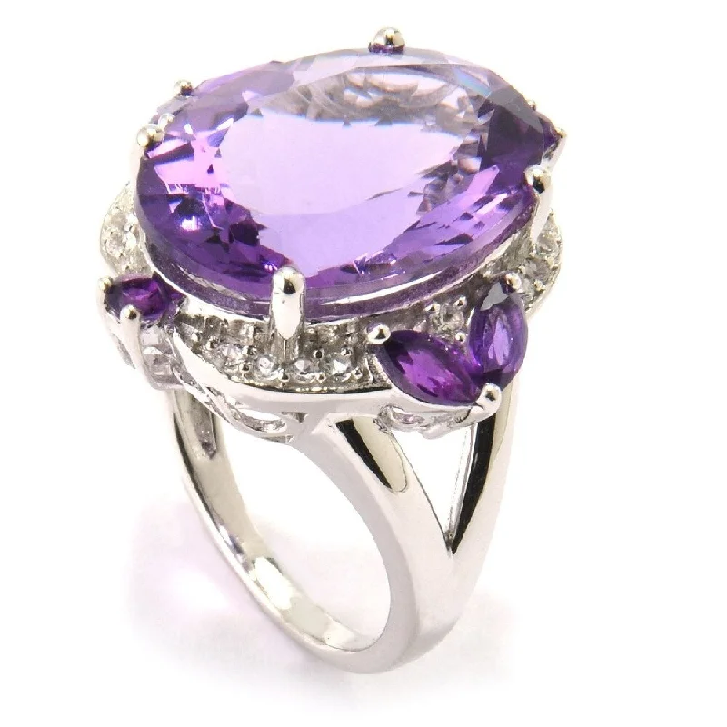 Etched band ring-Sterling Silver 20.38Ctw African Amethyst and White Zircon Cocktail Ring