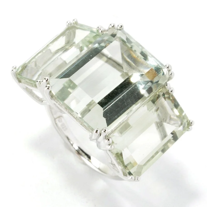 Lush emerald ring-Sterling Silver Emerald-cut Green Amethyst Three-stone Ring