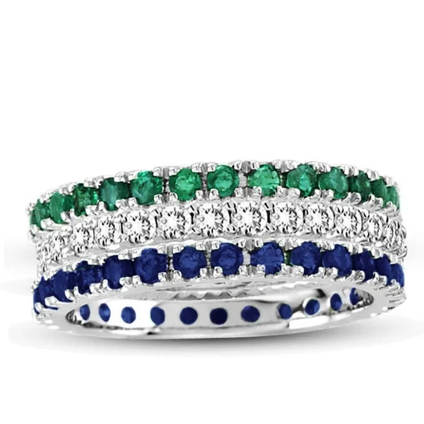 Retro chrysoprase ring-Suzy Levian 14K White Gold Diamond Emerald Sapphire Eternity Band Ring (Set of 3)