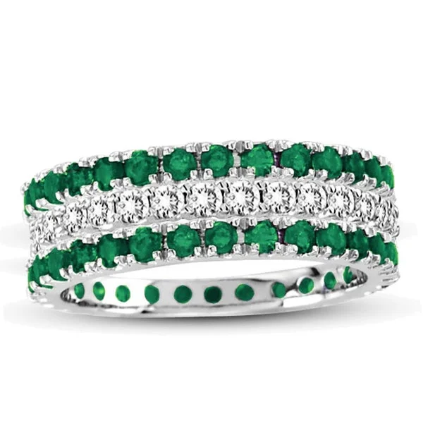 Wild pearl ring-Suzy Levian 14k White Gold Emerald Diamond 3-piece Eternity Band Ring Set