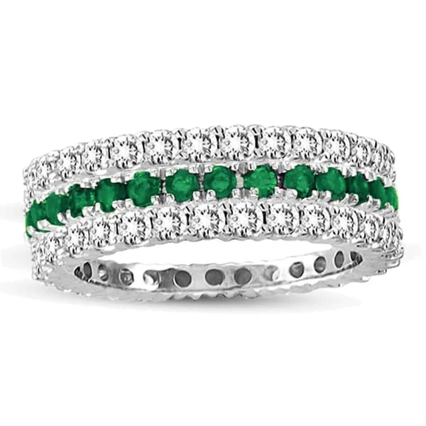 Parted-tier ring-Suzy Levian 14k White Gold Emerald Diamond 3-piece Eternity Band Ring Set