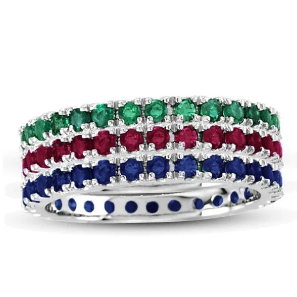 Folk grooved ring-Suzy Levian 14K White Gold Emerald Ruby Sapphire Eternity Band Ring (Set of 3)