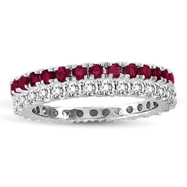 Fused-ring band-Suzy Levian 14k White Gold Ruby Diamond 2-piece Eternity Band Ring Set