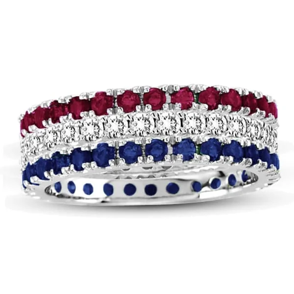 Looping wire ring-Suzy Levian 14K White Gold Set of 3 Diamond Ruby Sapphire Eternity Band Ring