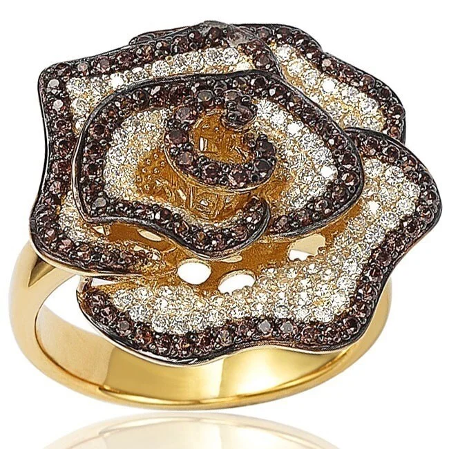 Hinged ring-Suzy Levian Golden Sterling Silver Brown and White Cubic Zirconia Pave Flower Ring