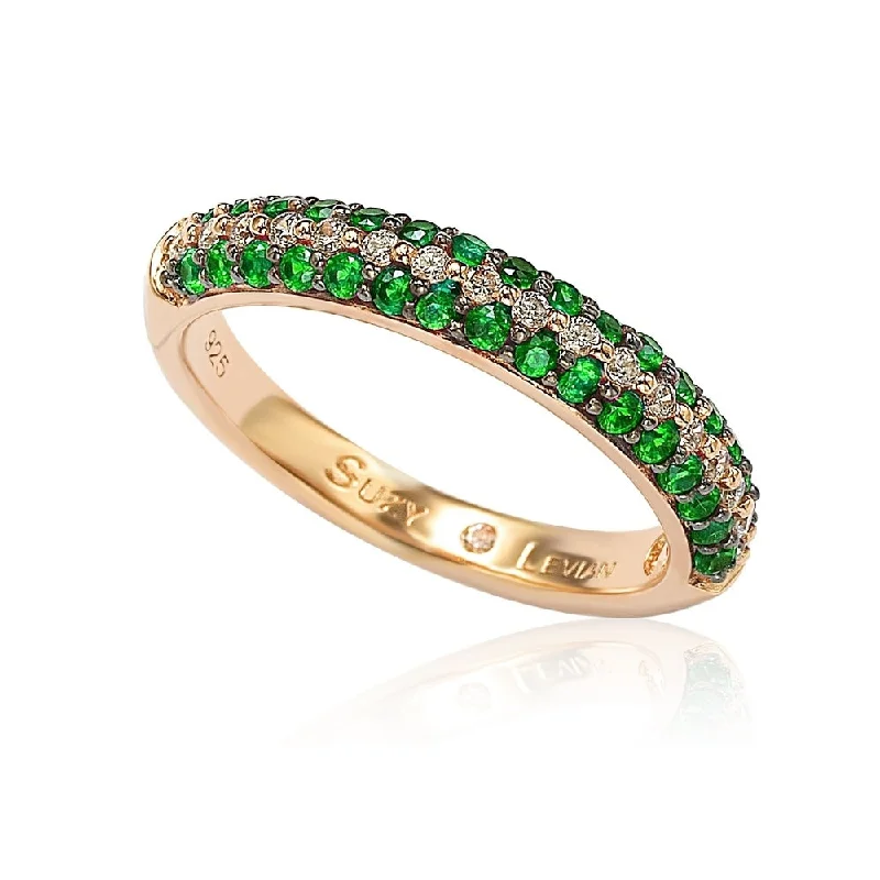 Hand-grooved ring-Suzy Levian Micro-Pave Green Cubic Zirconia in Rose Sterling Silver Stackable Band