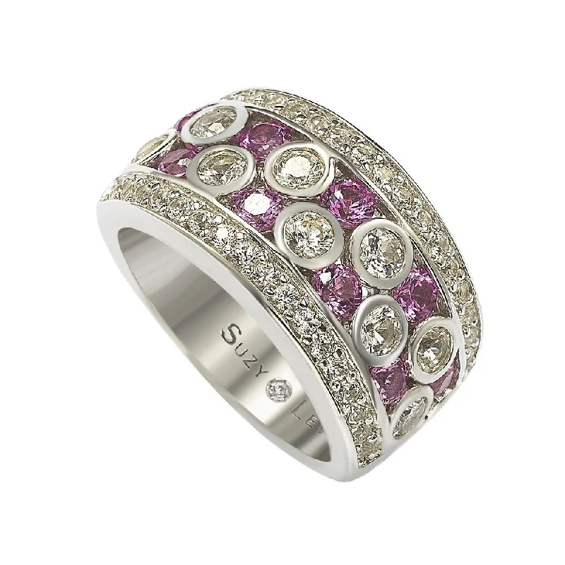 Parted-tier ring-Suzy Levian Pink Sapphire and Diamond Accent in Sterling Silver and Ring