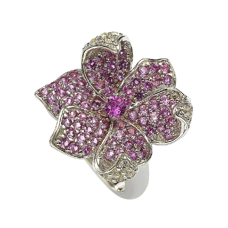 Fine-level ring-Suzy Levian Pink Sapphire and Diamond Accent in Sterling Silver Flower Petal Ring