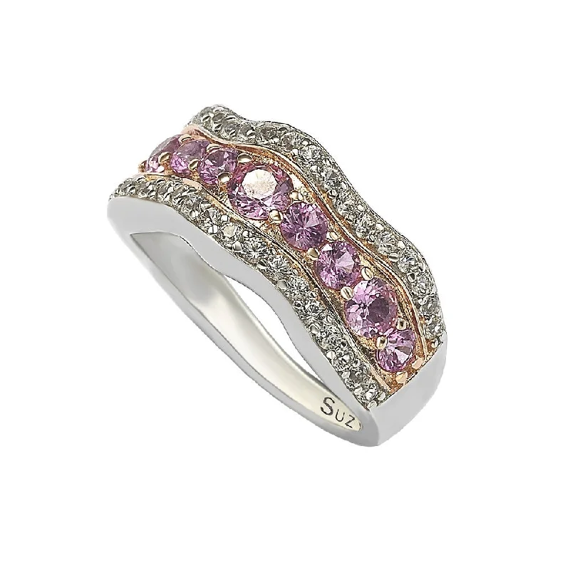 Heptagon gem ring-Suzy Levian Pink Sapphire and Diamond Accent in Sterling Silver Wavy Ring