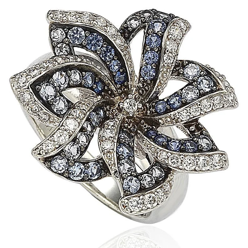 Bloom-bud ring-Suzy Levian Sapphire and Diamond in Sterling Silver Flower Ring