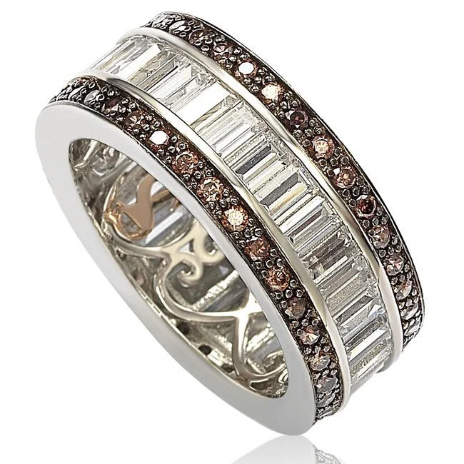 Light weave ring-Suzy Levian Sterling Silver Cubic Zirconia Brown and White Baguette Eternity Band