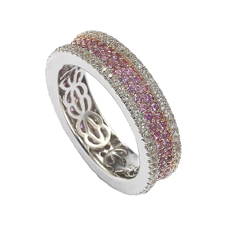 Clasped gem ring-Suzy Levian Sterling Silver Pink Sapphire and Diamond Accent Pave Eternity Band