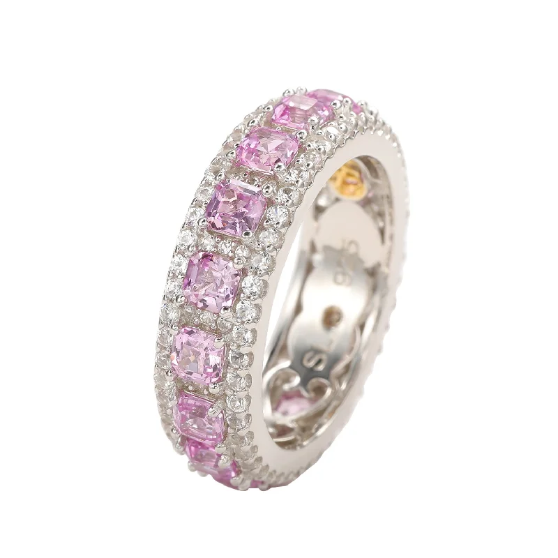 Stout shank ring-Suzy Levian Sterling Silver Pink Sapphire Diamond Accent Modern Eternity Band