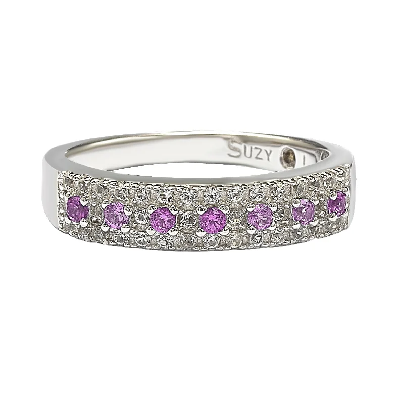 Clean cut ring-Suzy Levian Sterling Silver Pink Sapphire & Diamond Accent Pave Band Ring