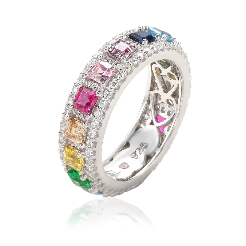 Piled birthstone ring-Suzy Levian Sterling Silver Rainbow Cubic Zirconia Modern Eternity Band