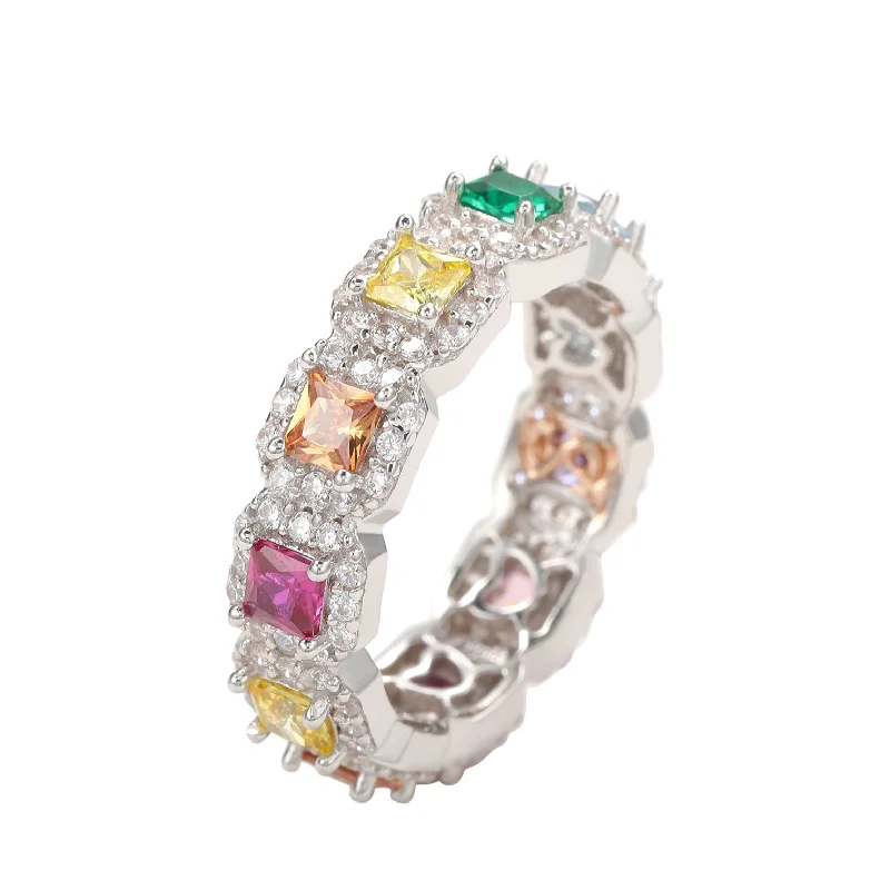 Crafted gold ring-Suzy Levian Sterling Silver Rainbow Cubic Zirconia Princess Cut Eternity Band