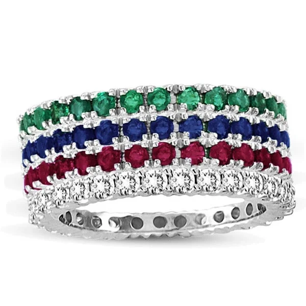 Grooved rim ring-Suzy Levian White Gold Ruby Emerald Diamond Sapphire 4-Piece Eternity Band Ring Set