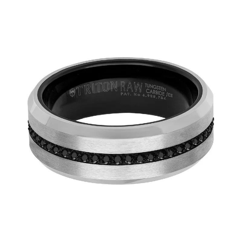 Domed cabochon ring-Triton 8MM Tungsten Wedding Band with Black Sapphires