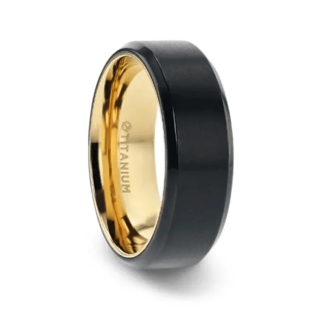 Sparkling gem ring-VELVET Titanium Men's Ring With Yellow Gold Plating Interior Beveled Polished Edges - 8mm