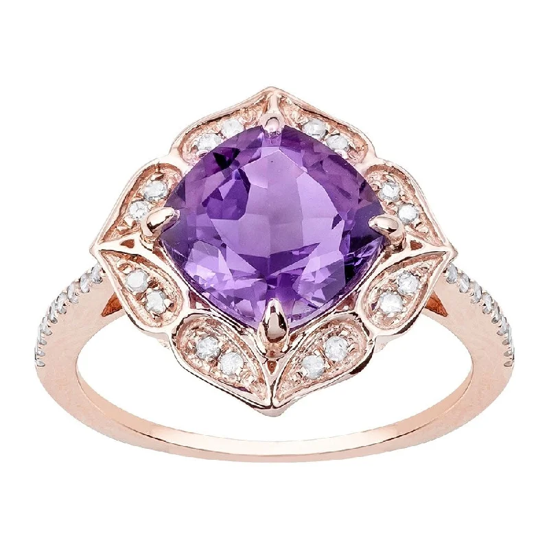 Classic emerald ring-Viducci 10k Rose Gold Vintage Style Amethyst and Diamond Ring