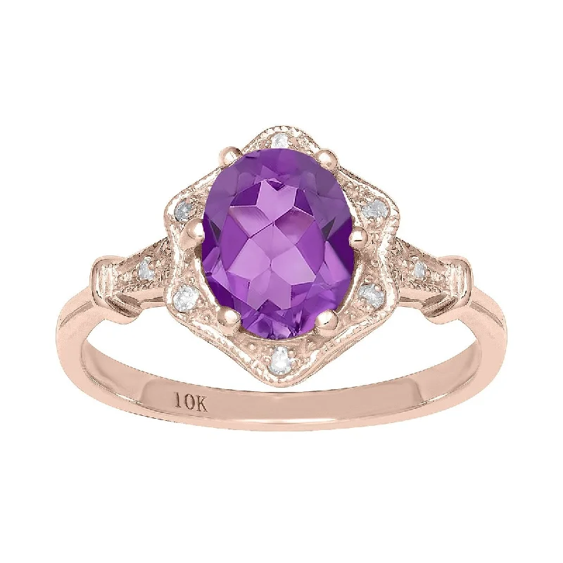 Tesselated band ring-Viducci 10k Rose Gold Vintage Style Genuine Oval Amethyst and Diamond Halo Ring