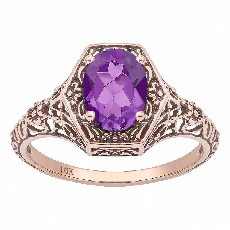 Four-stone ring-Viducci 10k Rose Gold Vintage Style Genuine Oval Amethyst Ring