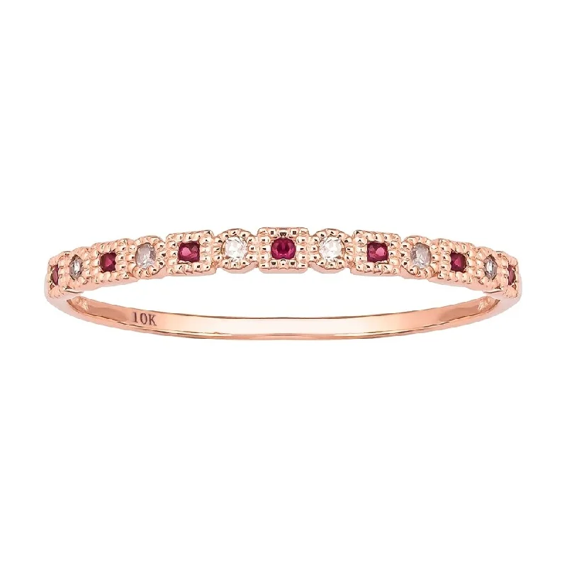 Inset gem ring-Viducci 10k Rose Gold Vintage Style Ruby and Diamond Petite Stackable Band