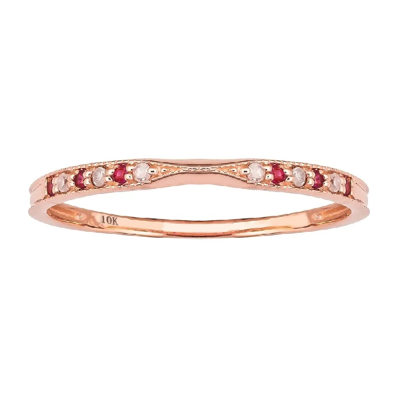 Sparkling cut ring-Viducci 10k Rose Gold Vintage Style Ruby and Diamond Stackable Band